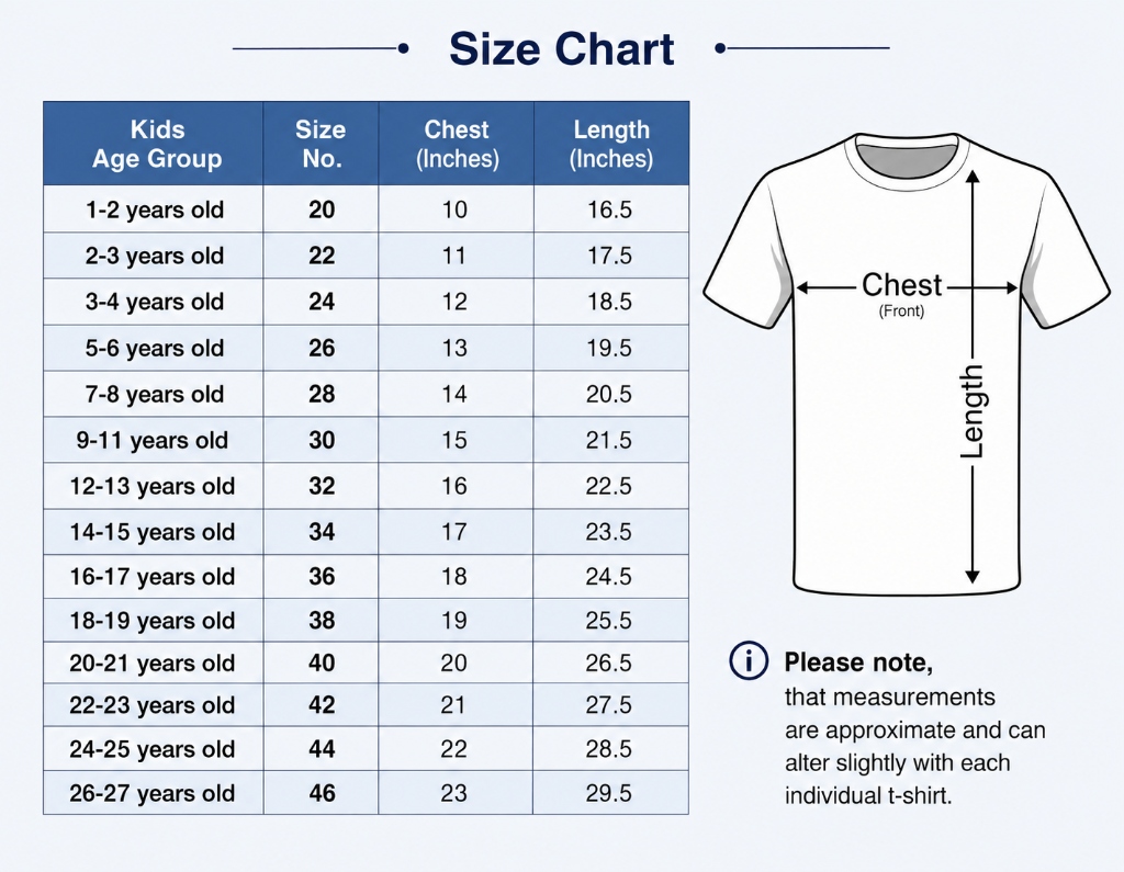 Kids T-Shirt Size Chart — numeric sizes 20 to 46 with chest and length measurements